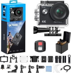 AKASO EK7000 4K30fps Action Camera with 64GB MicroSDXC U3 Memory Card Accessories Kit Bundle Ultra HD 131FT Waterproof Underwater Camera EIS WiFi Remote Control 4X Zoom, Black