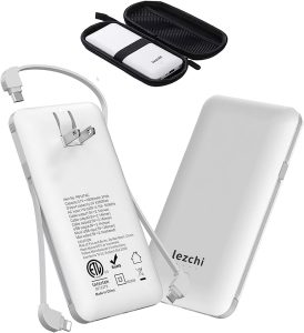 Portable Power Bank, Ultra Slim 10000mAh Portable Charger, USB C External Battery Pack with Built-in AC Plug, Charging Cable, Output Port, Compatible with All Kinds of Cellphones …